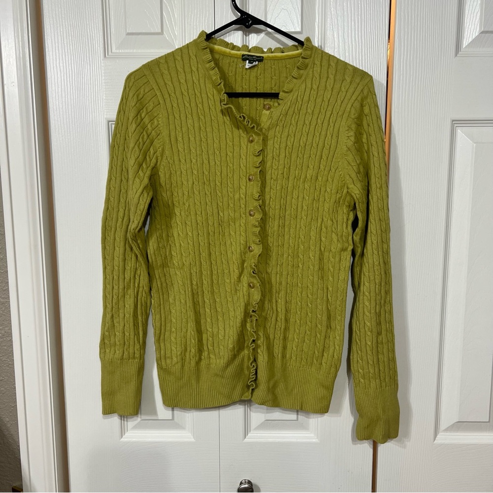 Eddie Bauer M Vintage Y2K Lime Green Cable Knit Cardigan Sweater Cottage Ruffle